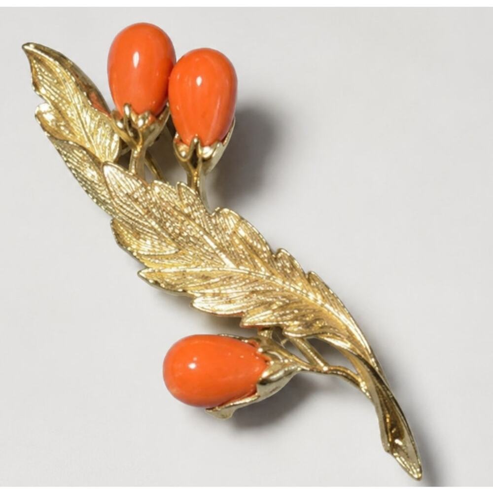 Vintage Sarah Coventry Brooch Pin Gold Tone Orange Lucite Floral Large 3.5" fb96